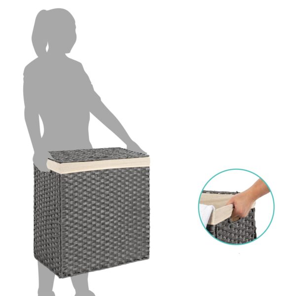 Folding 2-Bin Grey PE Wicker Linen Liner Laundry Hamper w/ Handles - Image 3