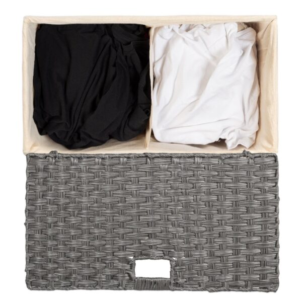 Folding 2-Bin Grey PE Wicker Linen Liner Laundry Hamper w/ Handles - Image 4