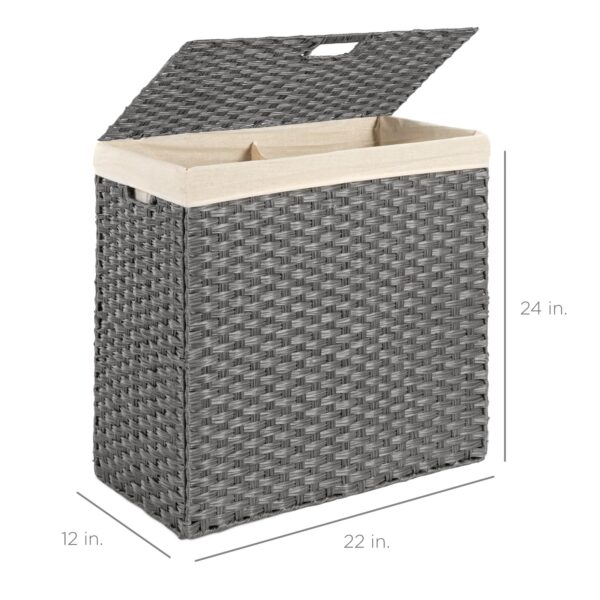 Folding 2-Bin Grey PE Wicker Linen Liner Laundry Hamper w/ Handles - Image 5