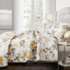 King size 3 Piece White Yellow Grey Reversible Floral Birds Cotton Quilt Set - Image 2