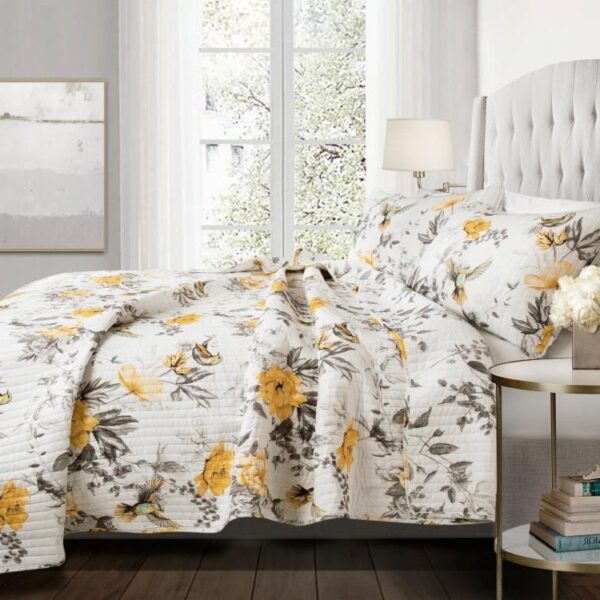 King size 3 Piece White Yellow Grey Reversible Floral Birds Cotton Quilt Set - Image 2