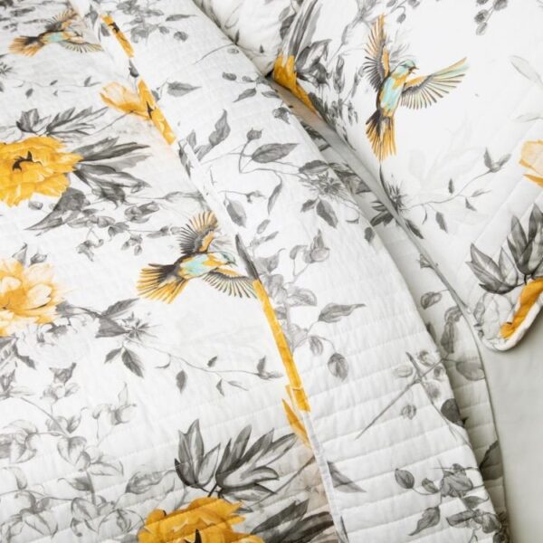 King size 3 Piece White Yellow Grey Reversible Floral Birds Cotton Quilt Set - Image 3