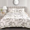 King size 3 Piece White Yellow Grey Reversible Floral Birds Cotton Quilt Set - Image 4