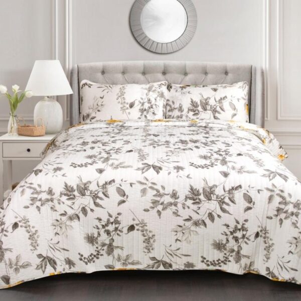 King size 3 Piece White Yellow Grey Reversible Floral Birds Cotton Quilt Set - Image 4