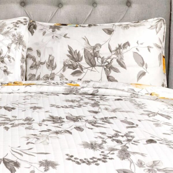 King size 3 Piece White Yellow Grey Reversible Floral Birds Cotton Quilt Set - Image 5