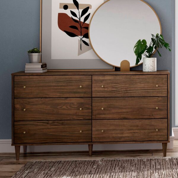 Farmhouse Rustic Walnut Mid Century 6 Drawer Dresser - Image 3