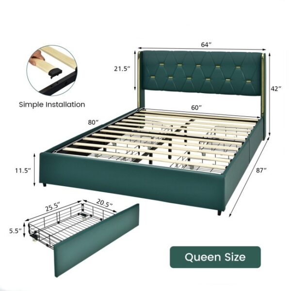 Queen Size Green/Gold Linen Headboard 4 Drawer Storage Platform Bed - Image 5