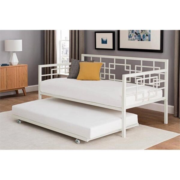Contemporary White Metal Daybed Frame with Twin Pull-Out Trundle Bed - Image 4