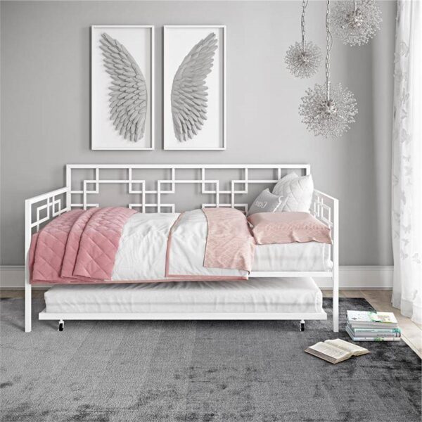 Contemporary White Metal Daybed Frame with Twin Pull-Out Trundle Bed - Image 5