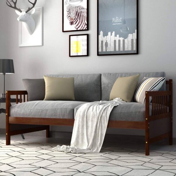 Twin size 2-in-1 Wood Daybed Frame Sofa Bed in Brown Cherry Finish - Image 4
