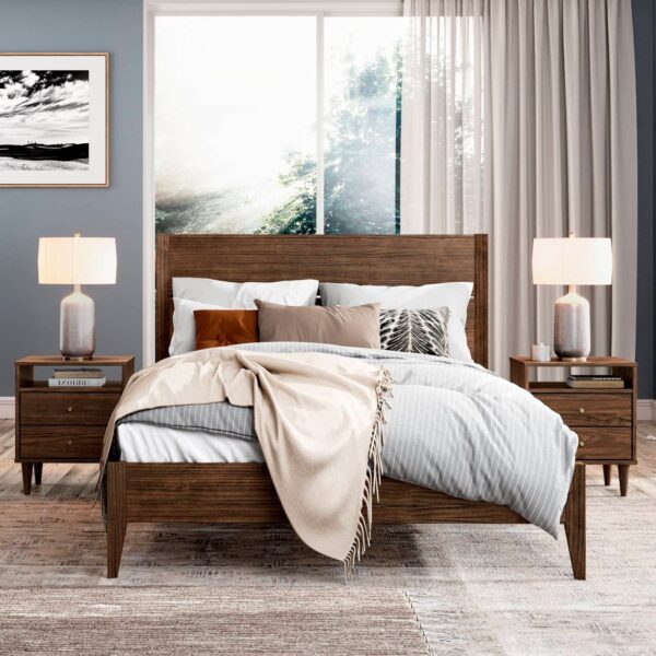 Queen Size Rustic Walnut Mid Century Slatted Platform Bed - Image 5