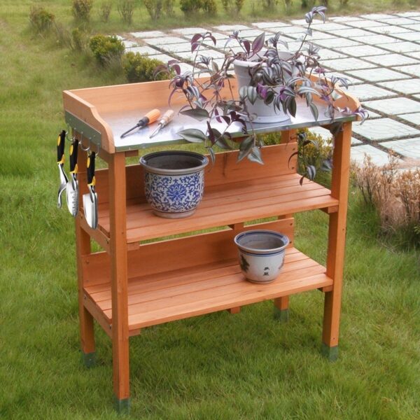 Outdoor Garden Wood Potting Bench Storage Shelf with Metal Top - Image 2