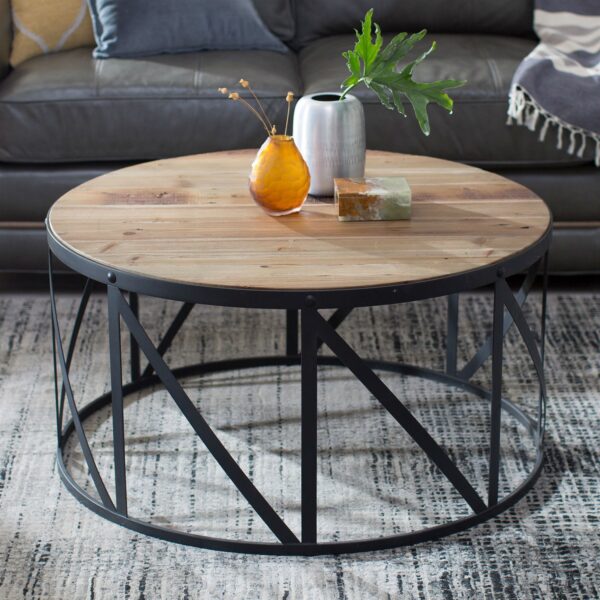 Round Metal and Wood Drum Shaped Coffee Table - Image 2