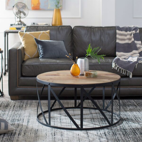 Round Metal and Wood Drum Shaped Coffee Table - Image 3