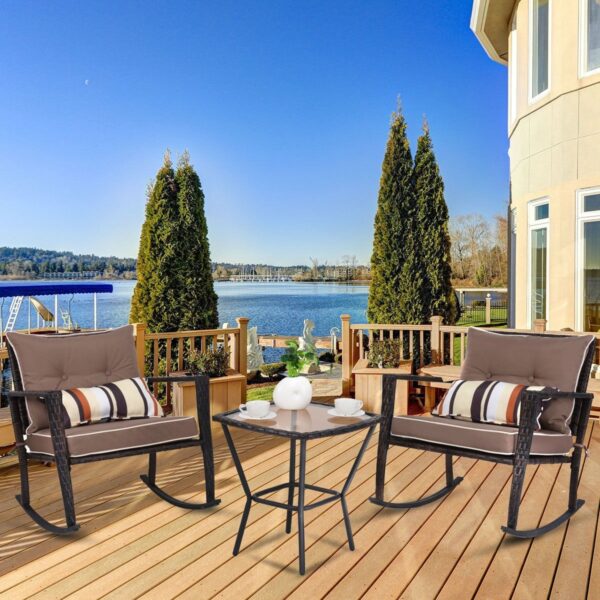 Brown 3 Piece Patio Set Rattan Wicker Rocking Chairs with Coffee Table - Image 2