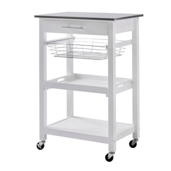White Stainless Steel Top Kitchen Cart with Drawer and Storage Shelves - Image 3