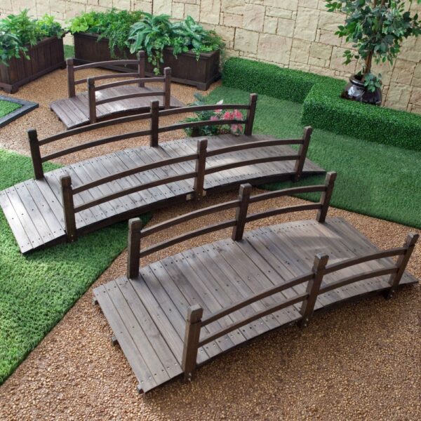 Dark Brown Stain Fir Wood 4-Ft Garden Bridge with Handrails - Image 4