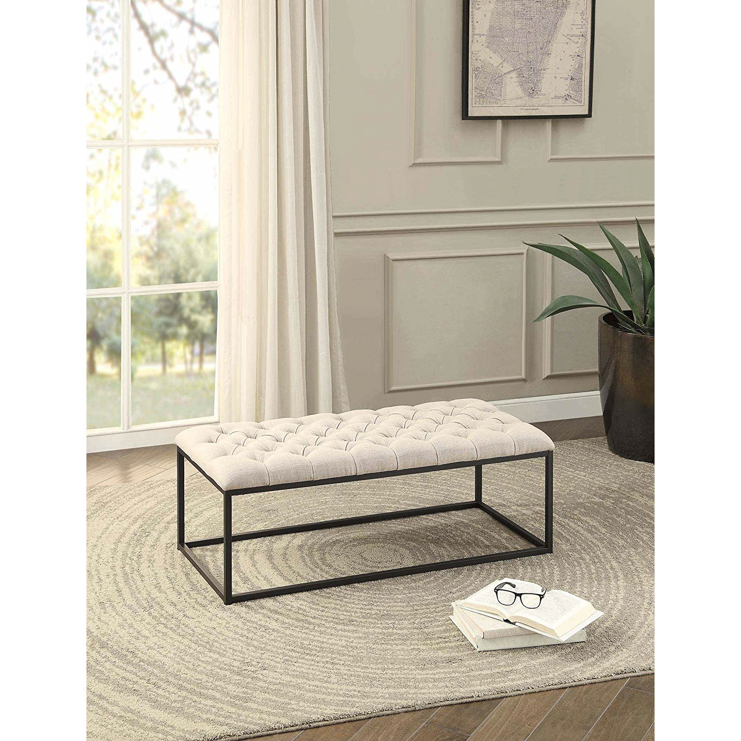 Beige Fabric Padded Button-Tufted Ottoman Accent Bench with Metal Frame - Image 2