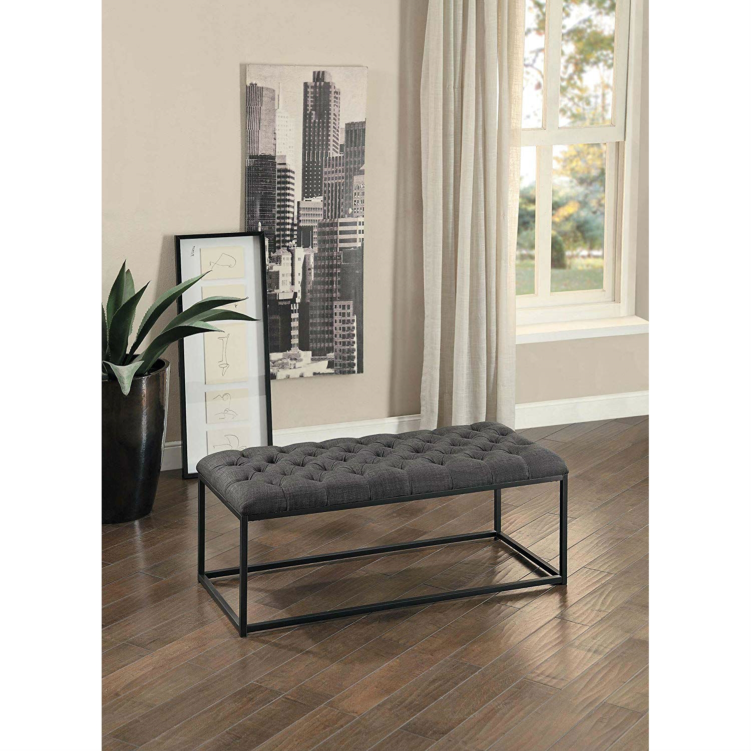 Grey Fabric Padded Button-Tufted Ottoman Footrest Bench - Image 2
