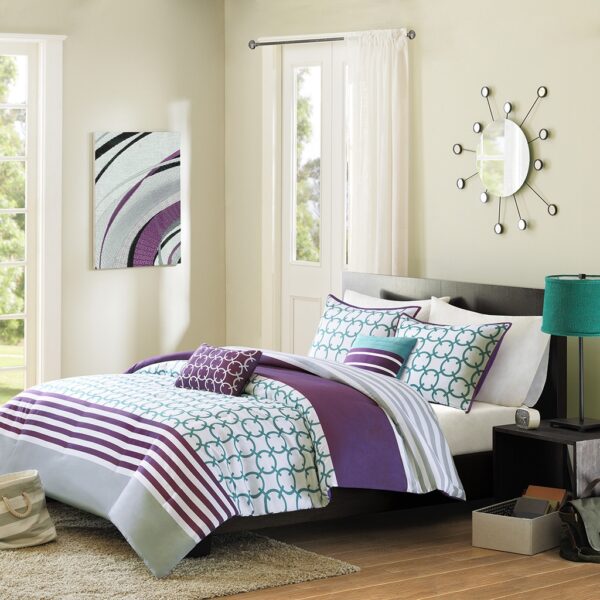 Full/Queen 5-Piece Comforter Set in Purple White Teal Circles & Stripes - Image 4