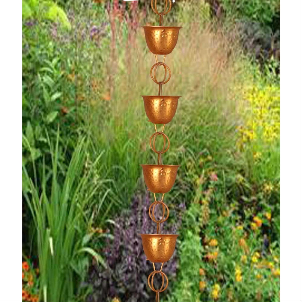 Hammered Copper Cups 8.5-Feet Rain Chain Rain Gutter Downspout Alternative - Image 2