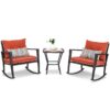Red 3 Piece Patio Set Rattan Wicker Rocking Chairs with Coffee Table