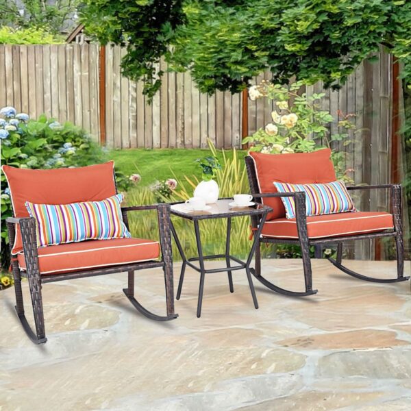 Red 3 Piece Patio Set Rattan Wicker Rocking Chairs with Coffee Table - Image 2