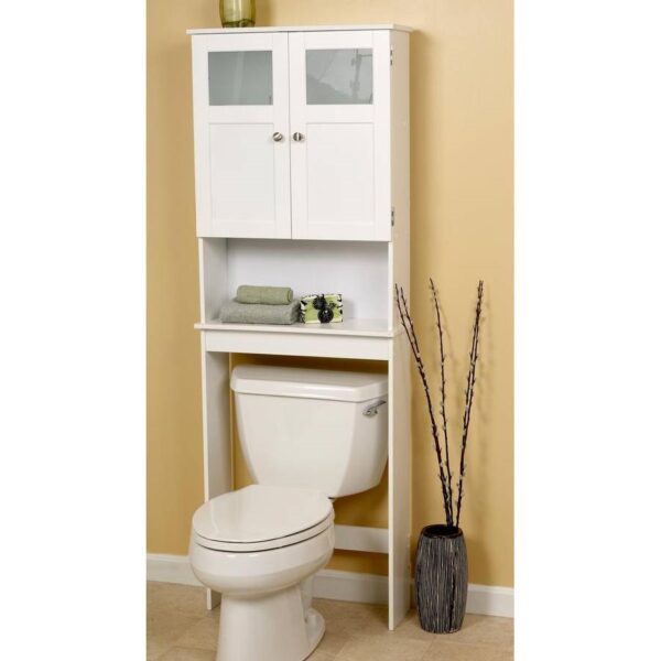 White Space Saving Over Toilet Bathroom Storage Cabinet with Glass Panel Doors - Image 2