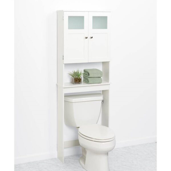 White Space Saving Over Toilet Bathroom Storage Cabinet with Glass Panel Doors - Image 3