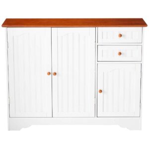 White Wood Sideboard Buffet Cabinet with Walnut Finish Top and Knobs