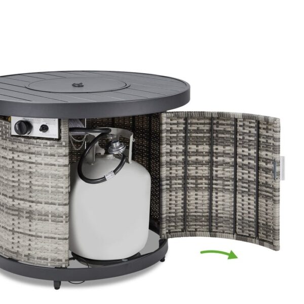 50,000 BTU Grey Wicker Round LP Gas Propane Fire Pit w/ Faux Wood Tabletop and Cover - Image 2