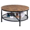 FarmHome Industrial Wood Steel Coffee Table 2-Tier Round with Storage Shelves - Image 2