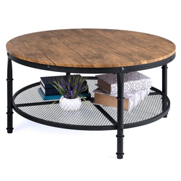 FarmHome Industrial Wood Steel Coffee Table 2-Tier Round with Storage Shelves - Image 2