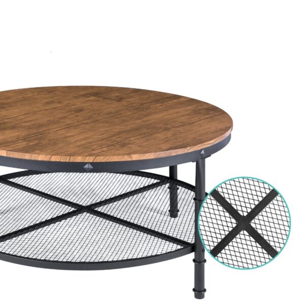 FarmHome Industrial Wood Steel Coffee Table 2-Tier Round with Storage Shelves - Image 3