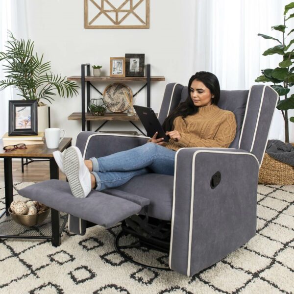 Modern Gray Wingback Polyester Upholstered Swivel Recliner Rocking Chair - Image 3