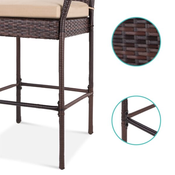 Set of 2 Brown Indoor/Outdoor Wicker Bar Stools w/ 2 Tan Cushions - Image 3