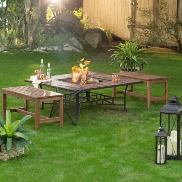 3 Piece Natural Wood Burning Backless Benches Fire Pit Table Set - Image 3
