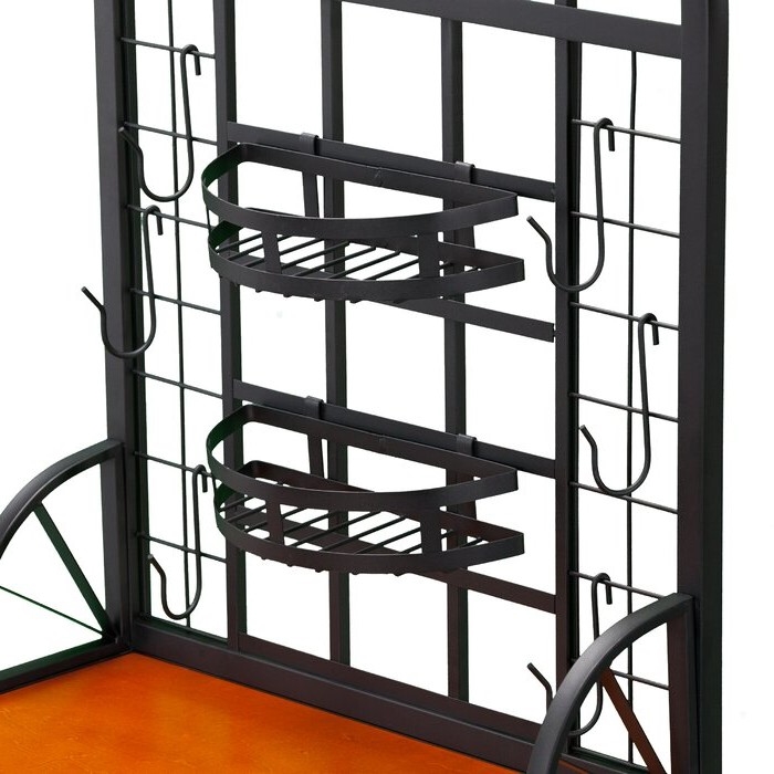 Farmhouse 3 Tier Steel Wood Top Utility Hooks Kitchen Baker's Wine Rack - Image 2
