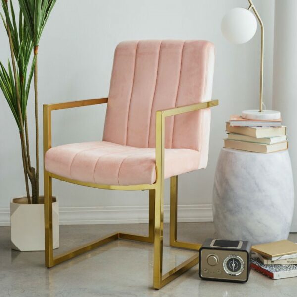 Modern Rose Velvet Channel Tufted Brass-Plated Retro Office Chair - Image 2