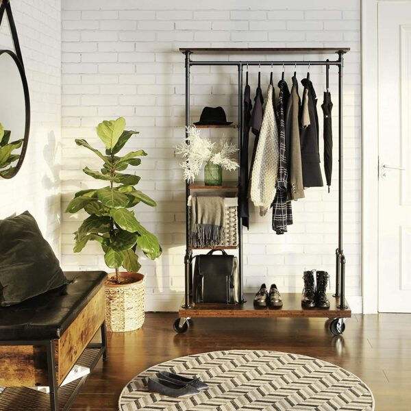 Farmhouse 5 Tier Laundry Pipe Garment Closet Rack Wheels - Image 2