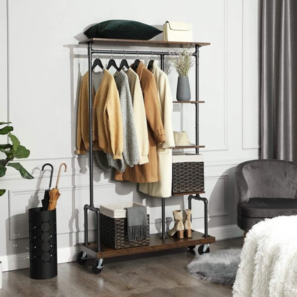 Farmhouse 5 Tier Laundry Pipe Garment Closet Rack Wheels - Image 3