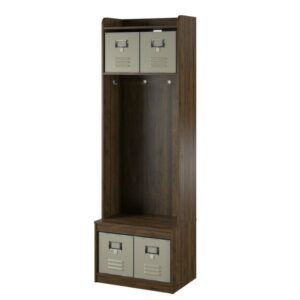 Walnut Locker Coat Rack Entryway Hall Tree with 4 Storage Cubes