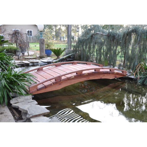 Japanese Style Functional 4-Ft Wood Garden Bridge in Outdoor Sealed Redwood - Image 3