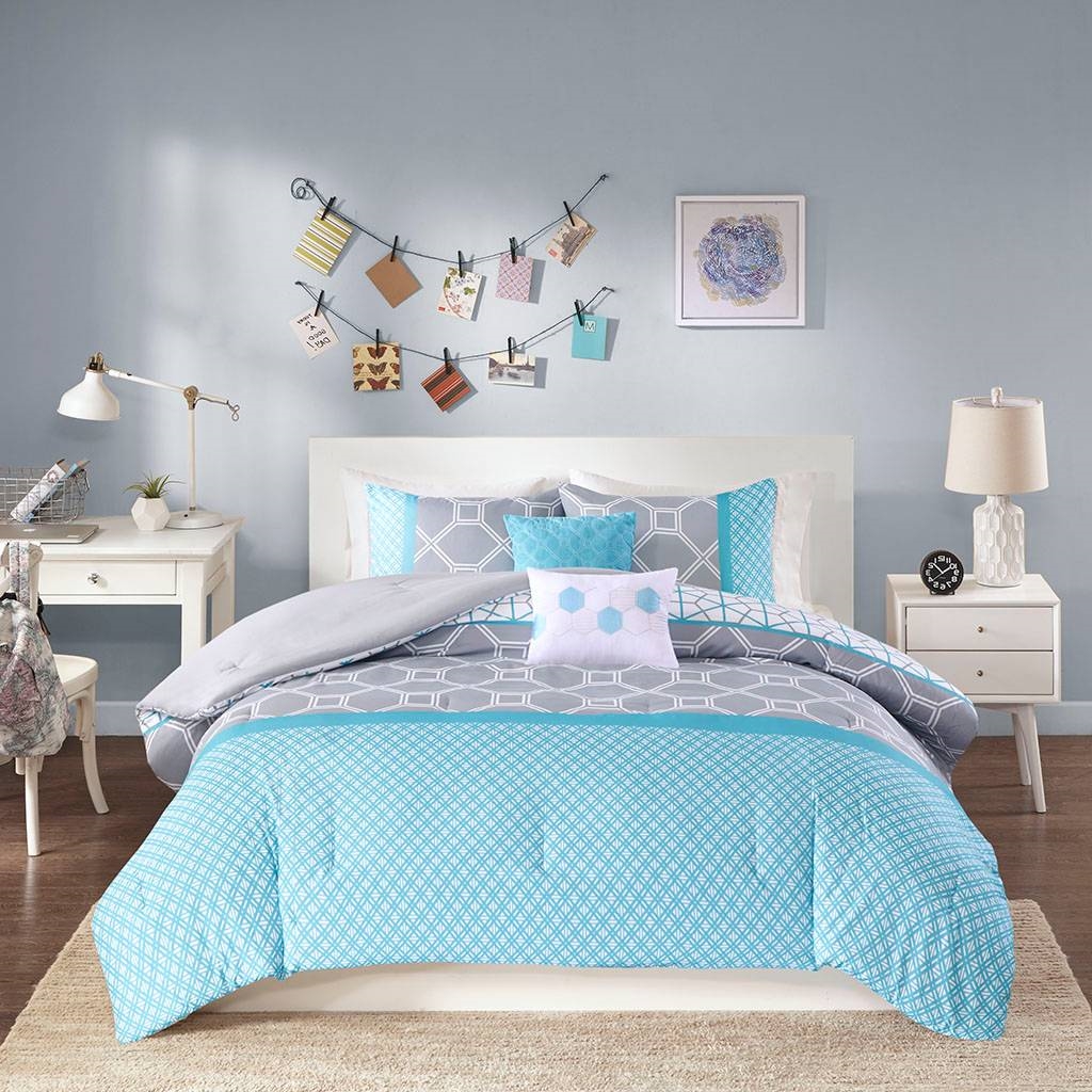 King / California King 5-Piece Teal Blue Grey White Geometric Comforter Set - Image 2