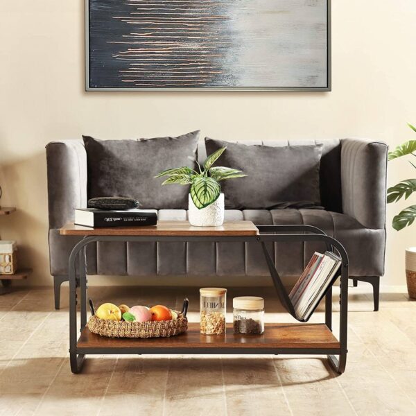 Modern 2-Tier Coffee Table with Magazine Book Holder Sling in Brown Wood Finish - Image 2
