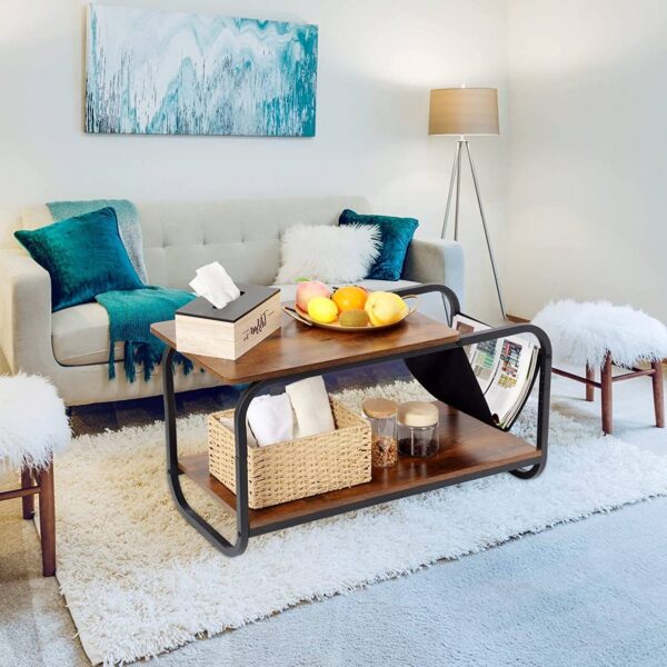 Modern 2-Tier Coffee Table with Magazine Book Holder Sling in Brown Wood Finish - Image 3