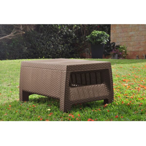 Modern Patio Table Ottoman in Brown Outdoor Weather Resistant Plastic Rattan - Image 2
