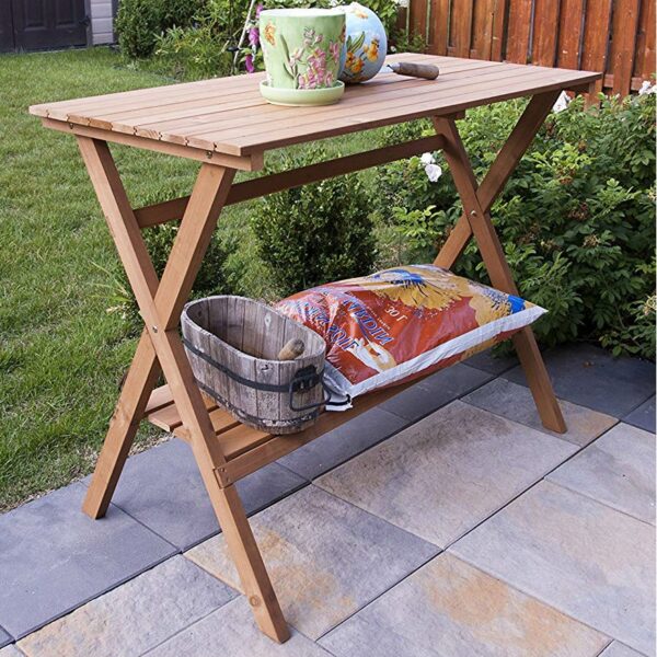 Indoor Outdoor Wood Potting Bench Garden Table with Lower Shelf - Image 2