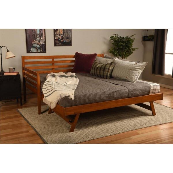 Solid Wood Day Bed Frame with Pull-out Pop Up Trundle Bed in Medium Brown - Image 2