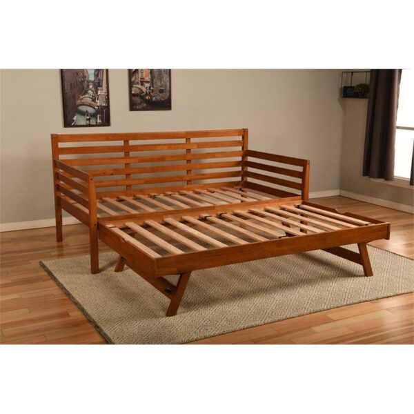 Solid Wood Day Bed Frame with Pull-out Pop Up Trundle Bed in Medium Brown - Image 3